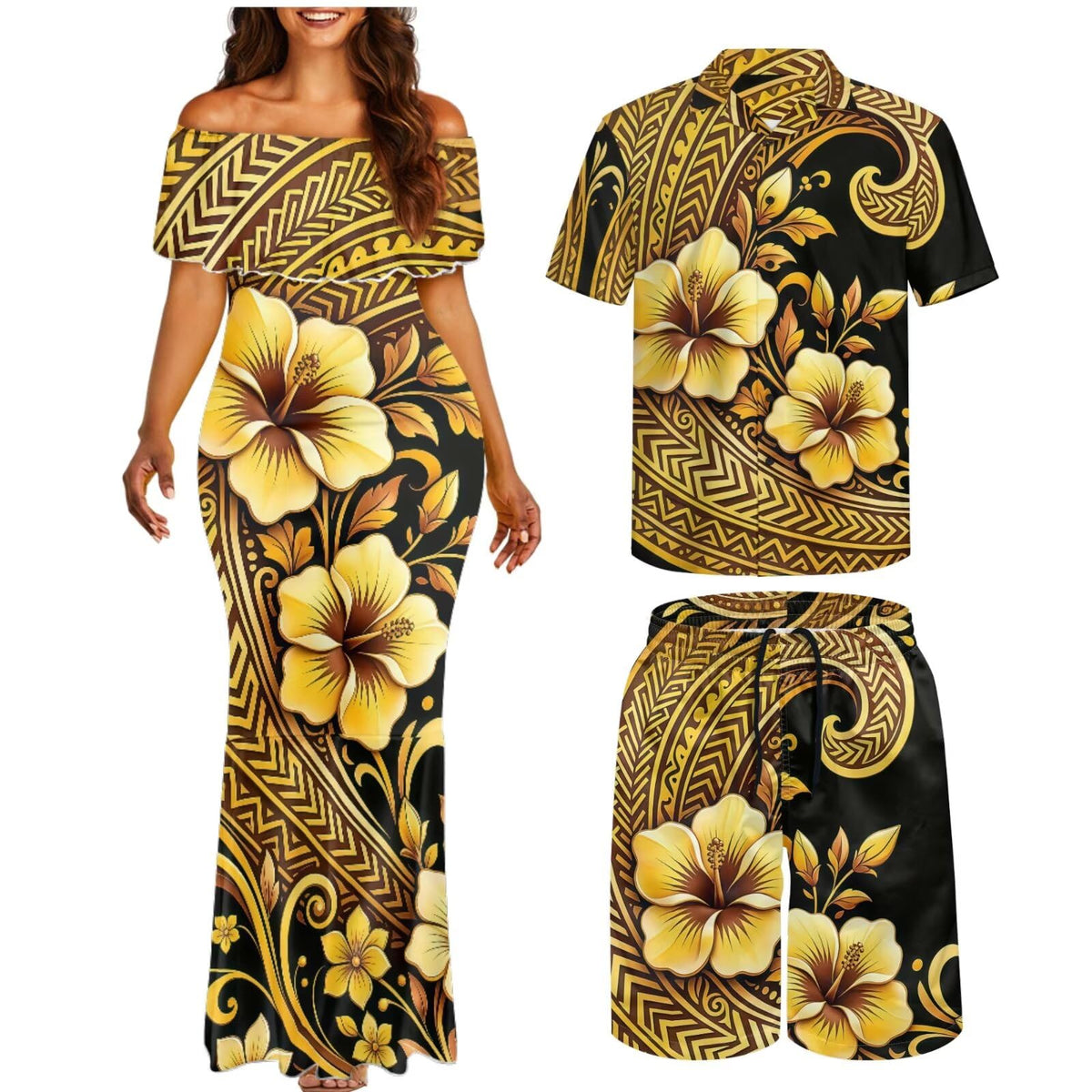 Matchable Couple Hawaiian Polynesian Puletasi Samoa Womens Dress with Mens Shirt and Mens Shorts Couple Set