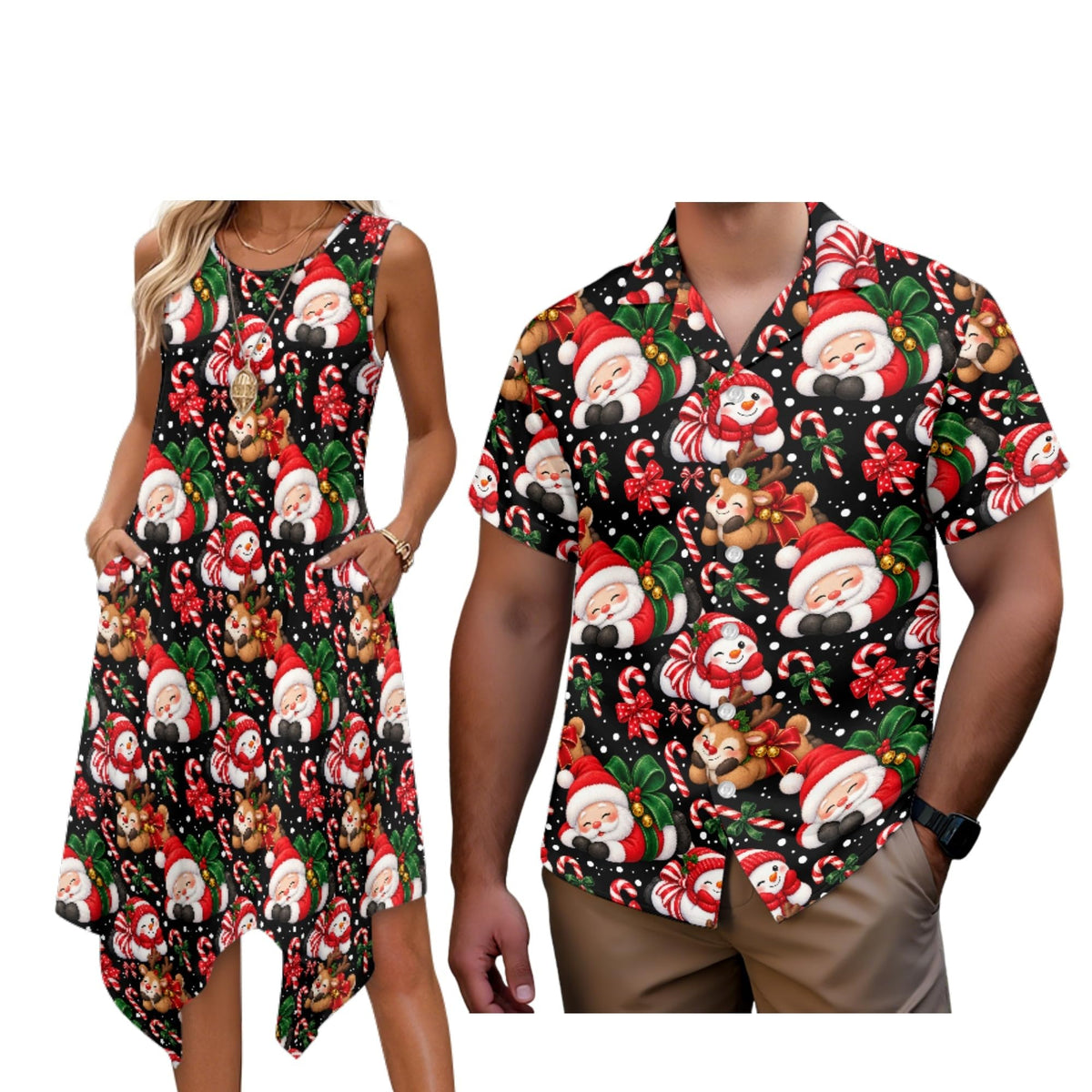 Matching Hawaiian Outfits for Couples Womens Asymmetrical Midi Dress Mens Beach Shirts Short Sleeve Button Up Shirt