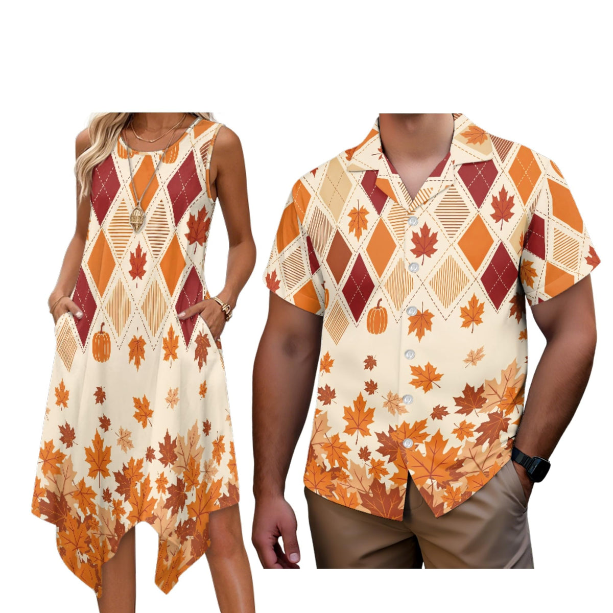 Matching Hawaiian Outfits for Couples Womens Asymmetrical Midi Dress Mens Beach Shirts Short Sleeve Button Up Shirt