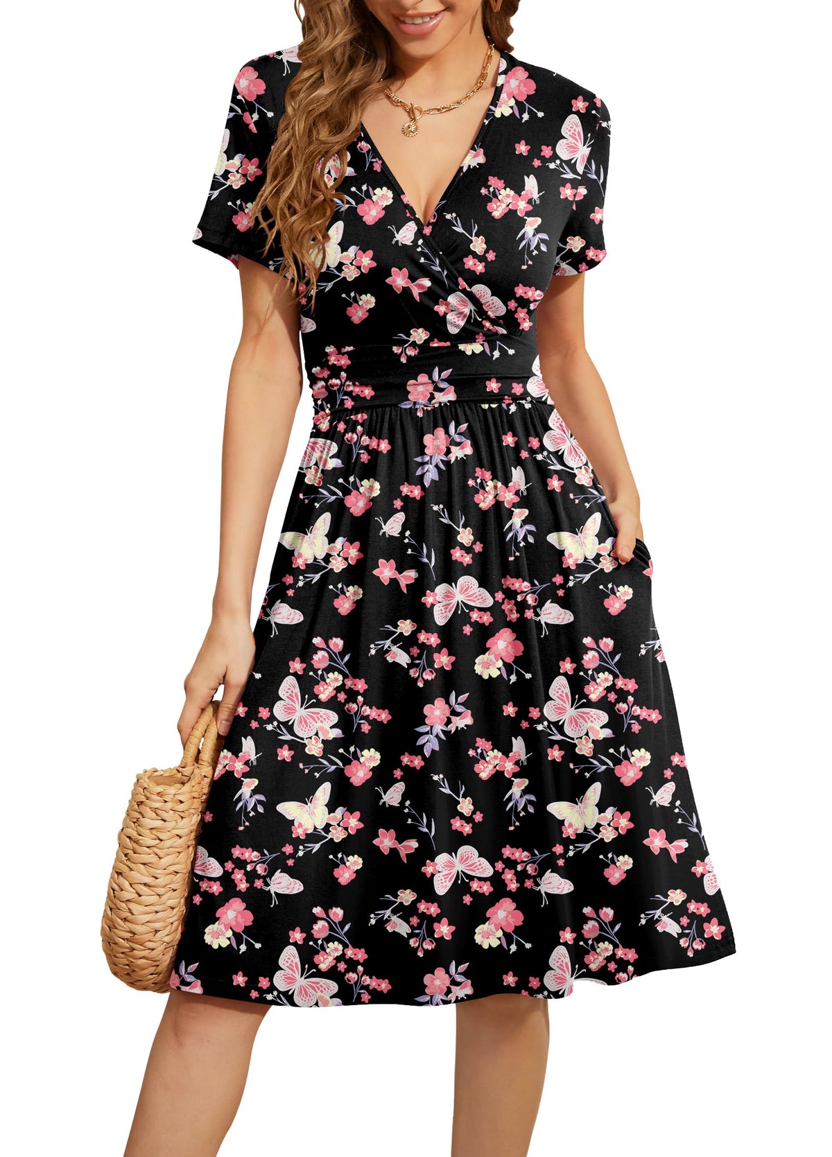 WEACZZY Women's Summer Short Sleeve Casual Dresses V-Neck Floral Party Dress with Pockets
