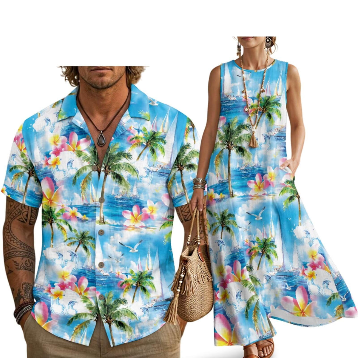 Husband and Wife Clothes Linen Casual Shirt for Men Maxi Dress for Women Summer Dress Matching Vacation Clothes