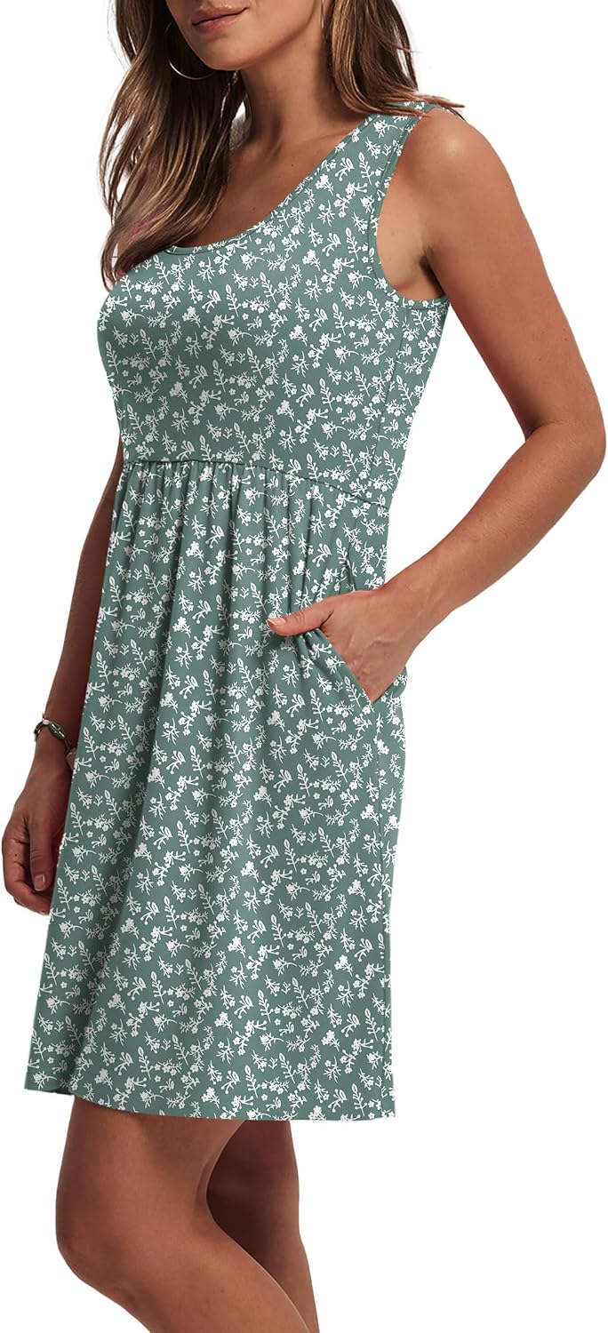 WIHOLL Women's Summer Dress 2026 A-Line Sleeveless Casual Sundress with Pockets Floral/Solid