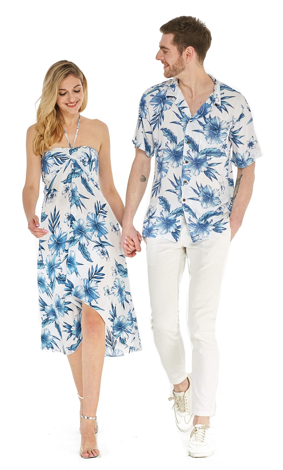Couple Matching Hawaiian Luau Party Outfit Set Shirt Dress in Black Rafelsia