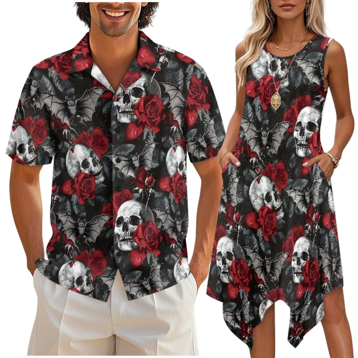 doginthehole Matching Hawaiian Outfits for Couples Men's Button Down Shirt Sleeveless Sundresses Summer Dress for Women