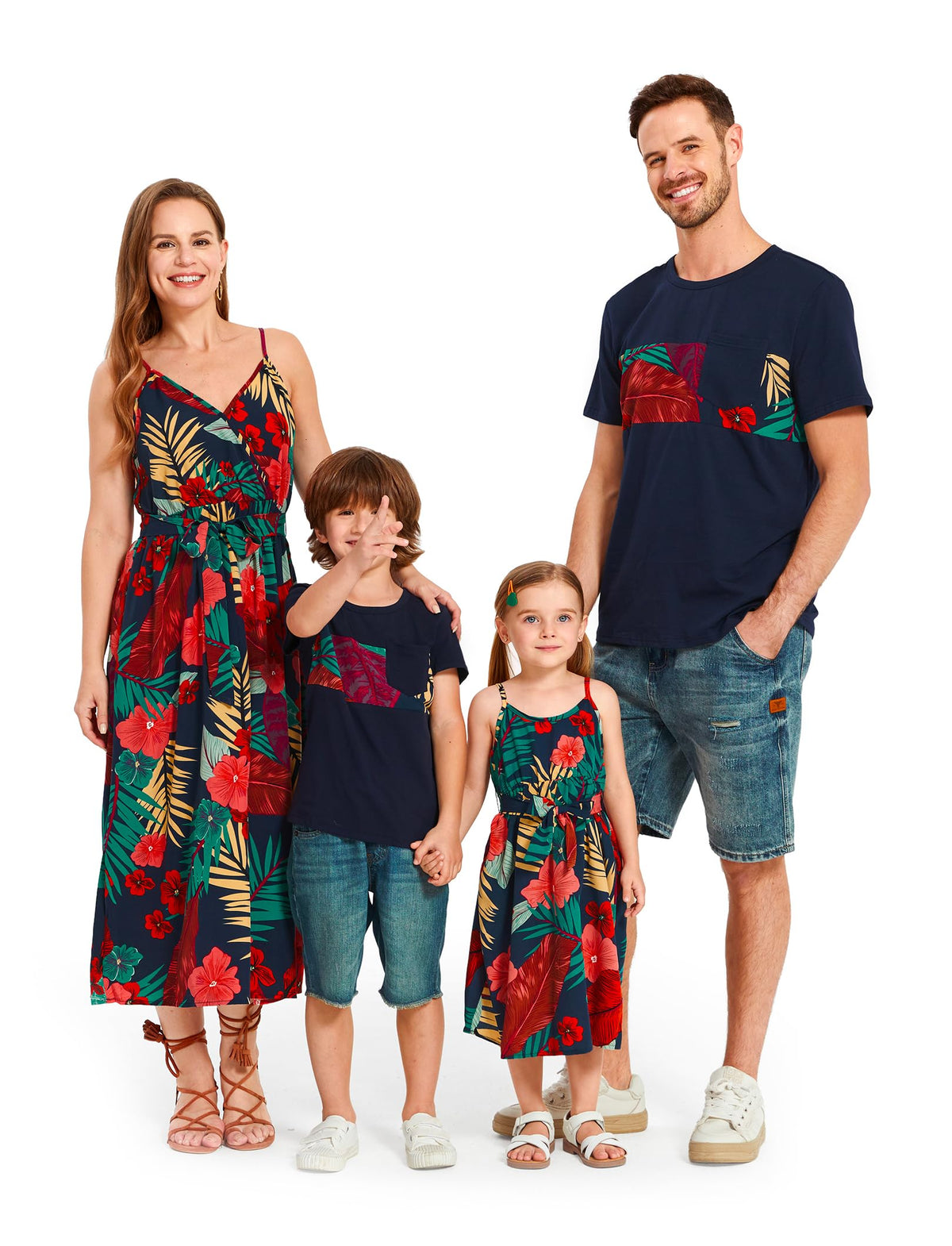 PATPAT Family Matching Outfits Mommy and Me Dresses Hawaiian Tropical Vacation Beach Spaghetti Strap Dress and Shirt