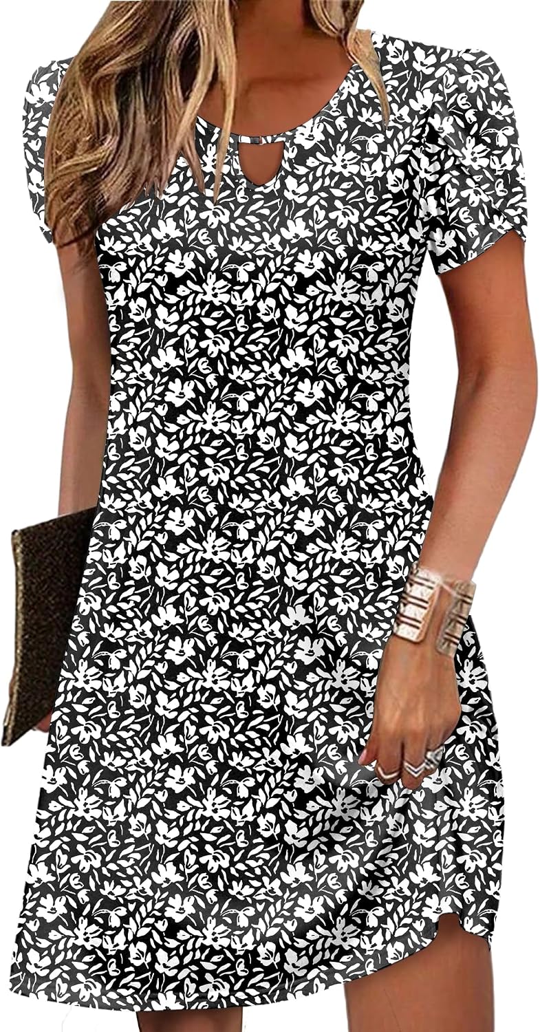 Zeagoo Women's Casual A-Line Dresses with Pockets Summer Floral Tshirt Dress Short Sleeve Mini Dress Flowy Sundresses