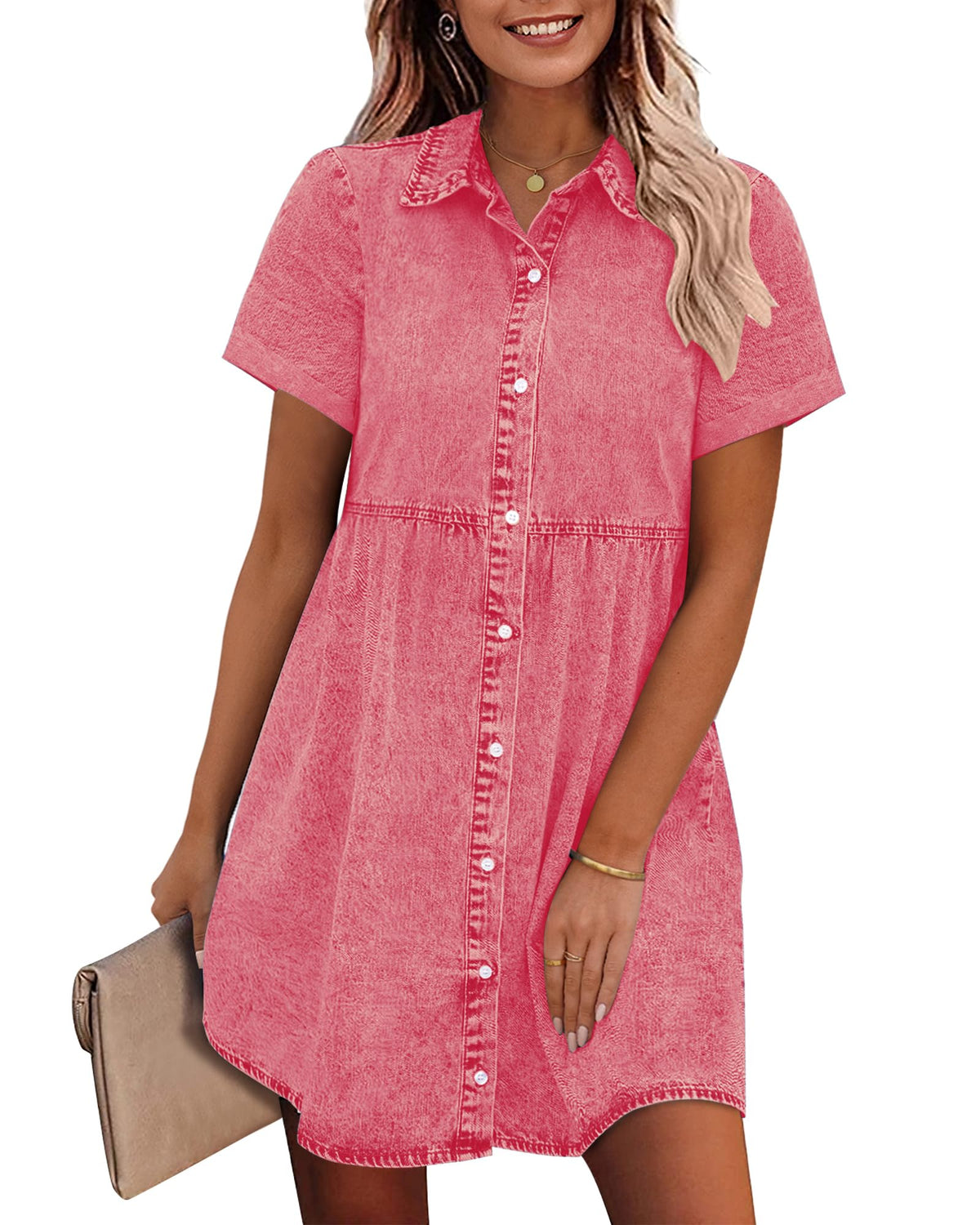 GRAPENT Denim Dress for Women Babydoll Tiered Short Sleeve Button Down Jean Shirt Dresses