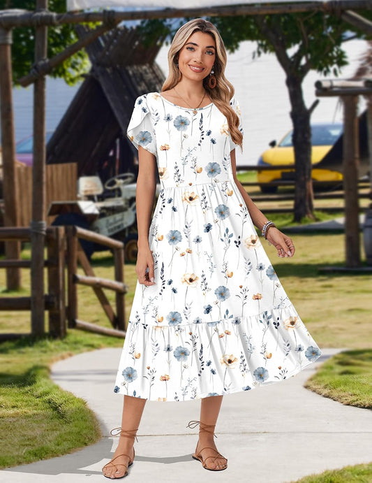 Zeagoo Women Summer Midi A Line Dress Short Sleeve Casual Flowy Tiered Beach Long Sundress with Pockets 2026 Vacation Travel