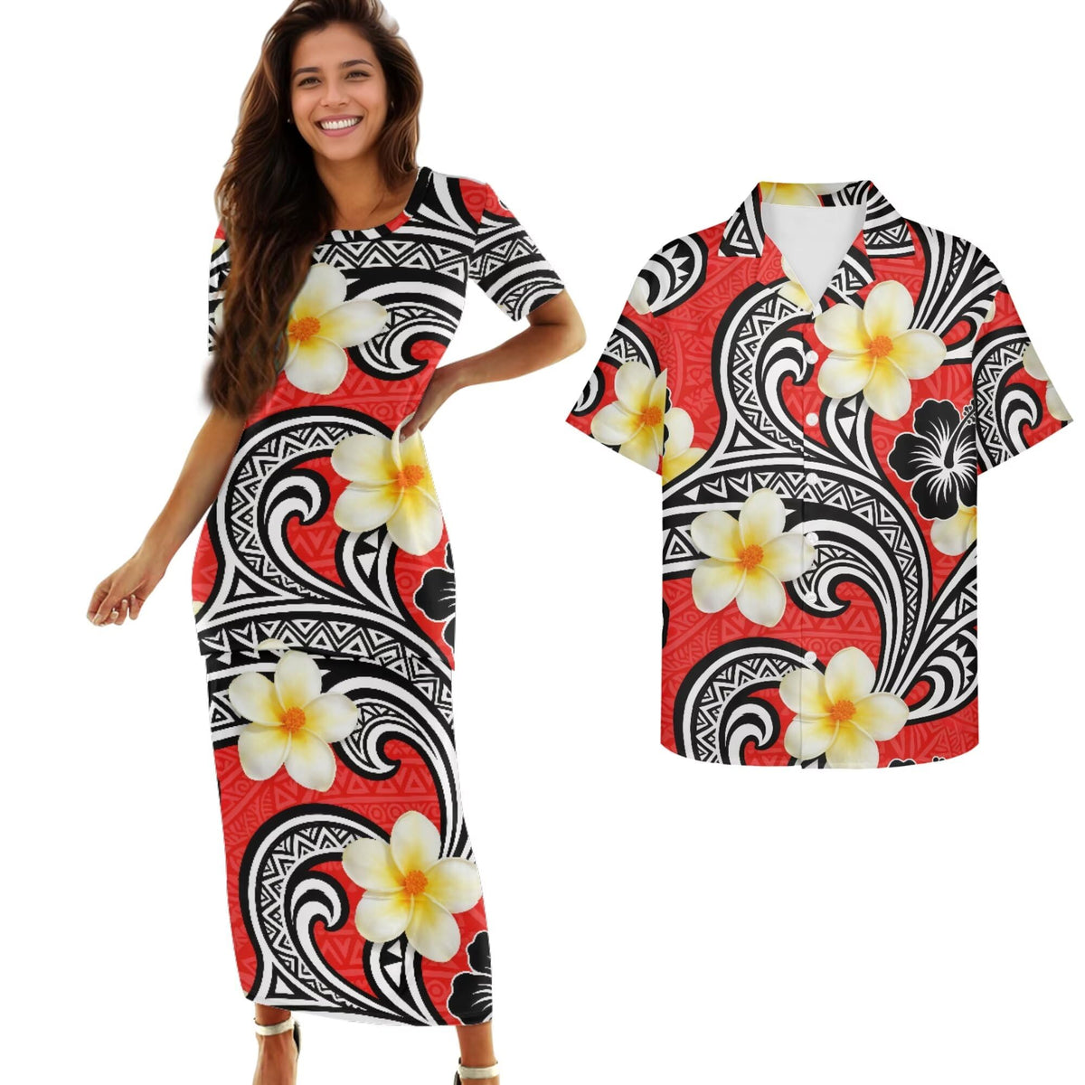 Samoa Couple Outfit Polynesian Dress for Women Traditional Puletasi Shirts for Men Beach Lava Lava Luau