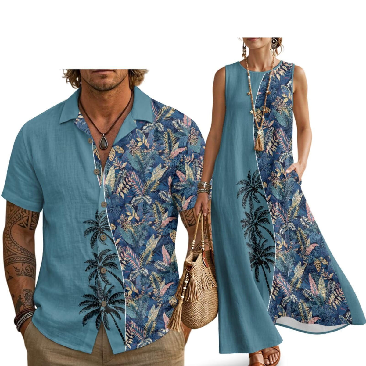 Husband and Wife Clothes Linen Casual Shirt for Men Maxi Dress for Women Summer Dress Matching Vacation Clothes