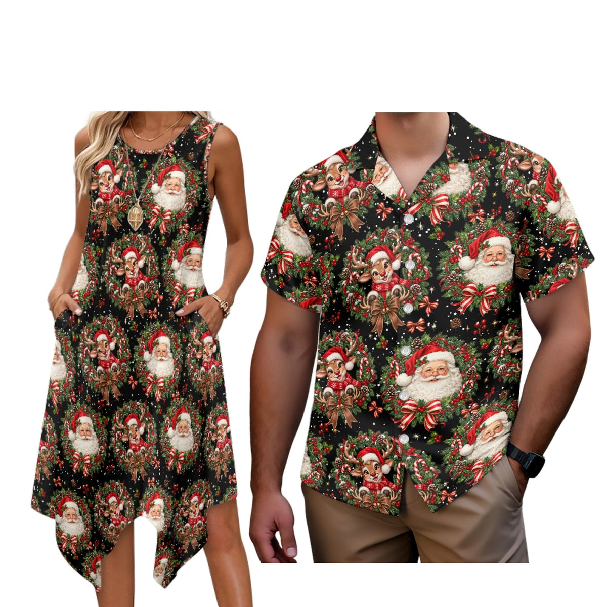 Matching Hawaiian Outfits for Couples Womens Asymmetrical Midi Dress Mens Beach Shirts Short Sleeve Button Up Shirt