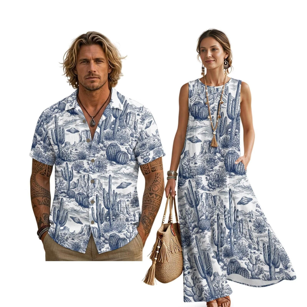 Women's Summer Dresses Sleeveless Sundresses, Men's Button Down Short Sleeve Shirts, Linen Couple Matching Outfits