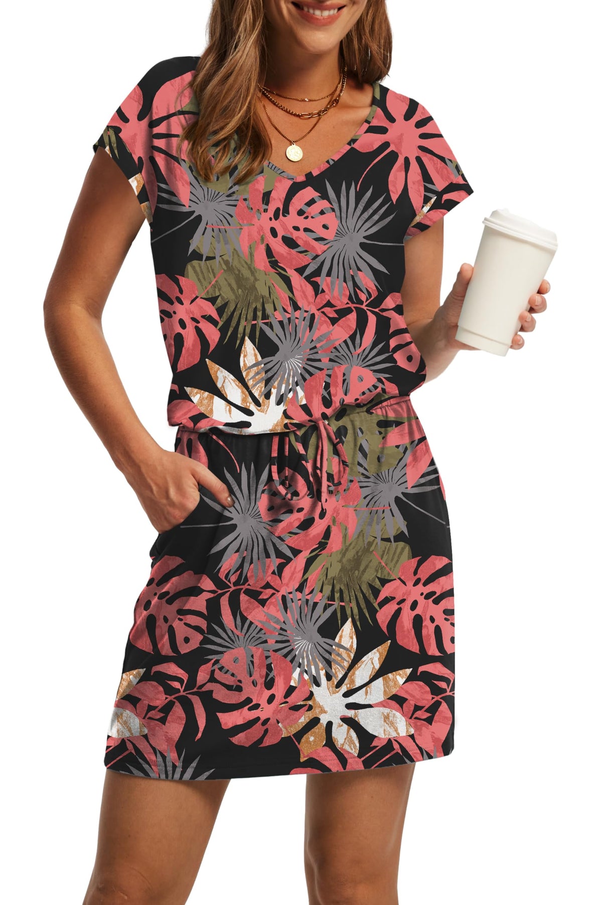 OFEEFAN Summer Dresses for Women 2026 V Neck T Shirt Casual Mini Dresses Tie Waist Sundresses with Pockets