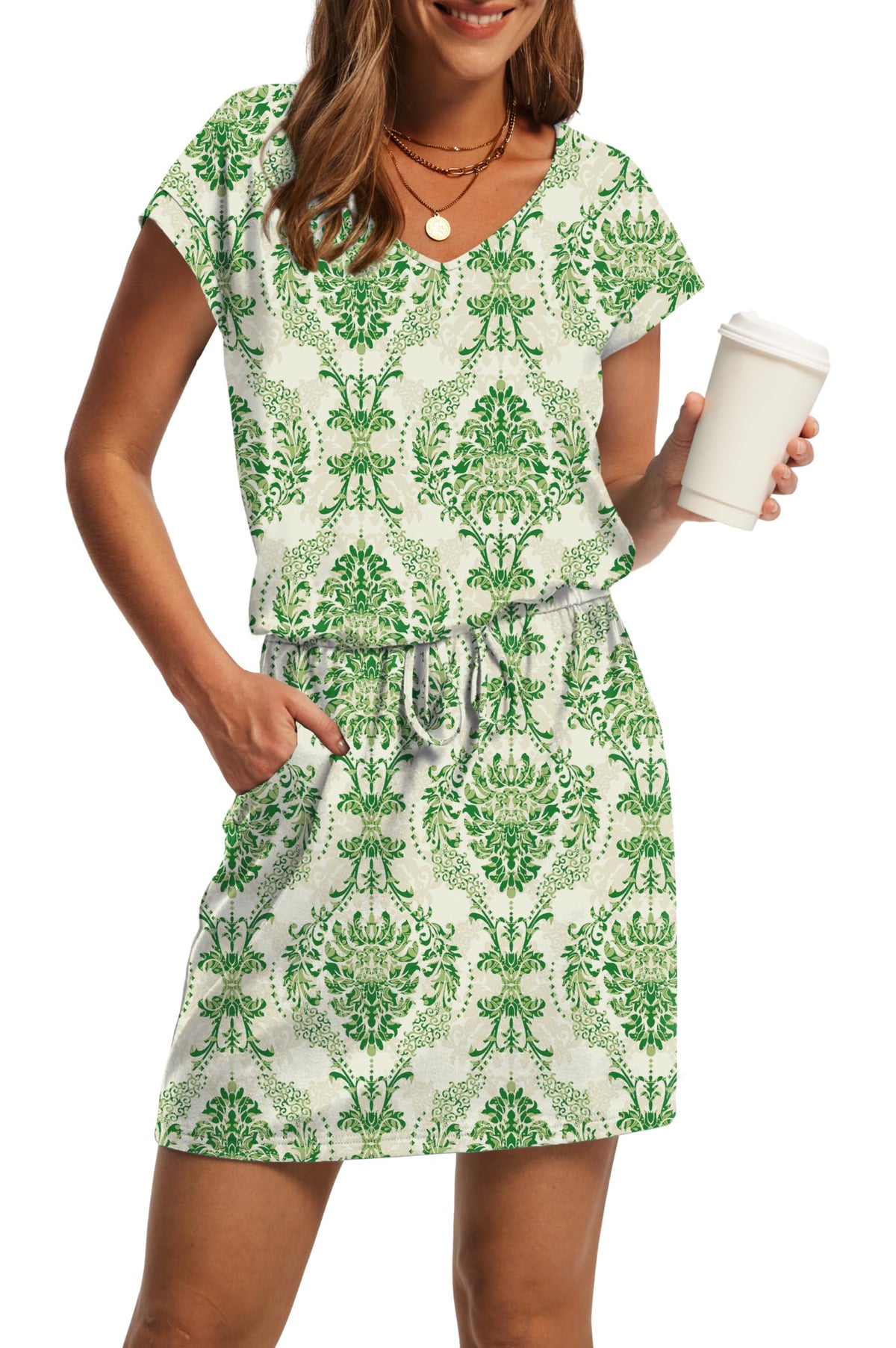 OFEEFAN Summer Dresses for Women 2026 V Neck T Shirt Casual Mini Dresses Tie Waist Sundresses with Pockets