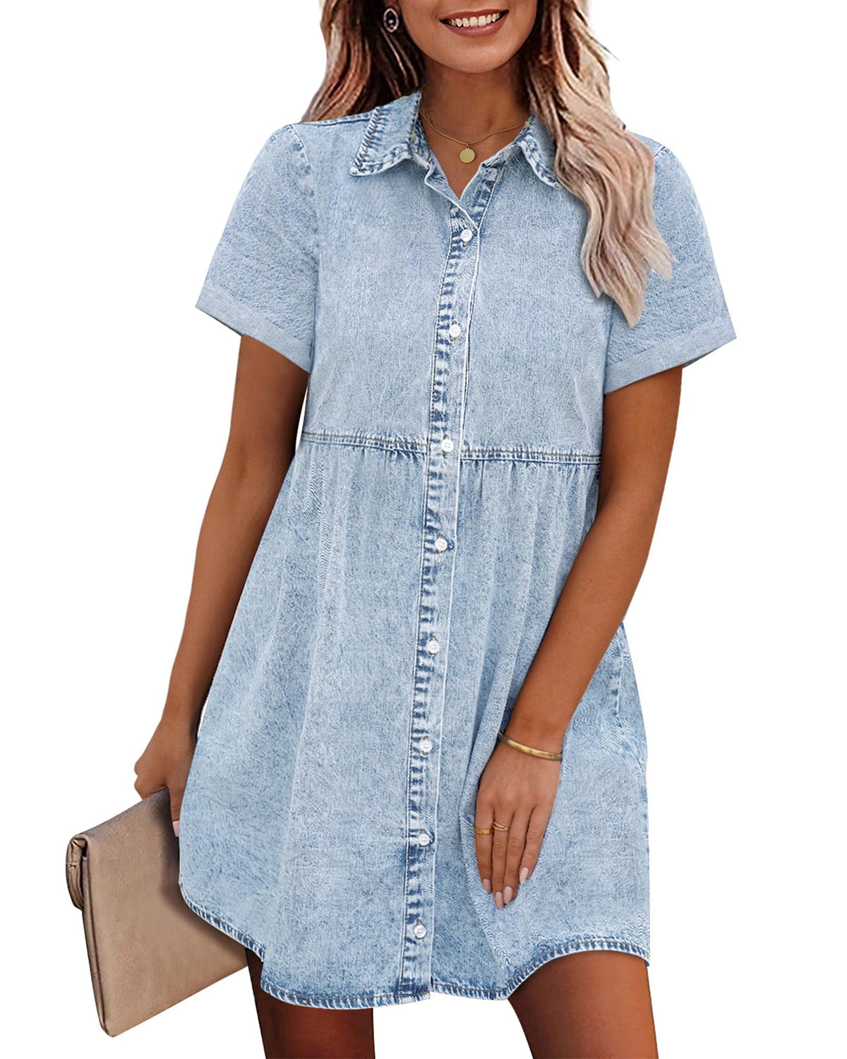 GRAPENT Denim Dress for Women Babydoll Tiered Short Sleeve Button Down Jean Shirt Dresses