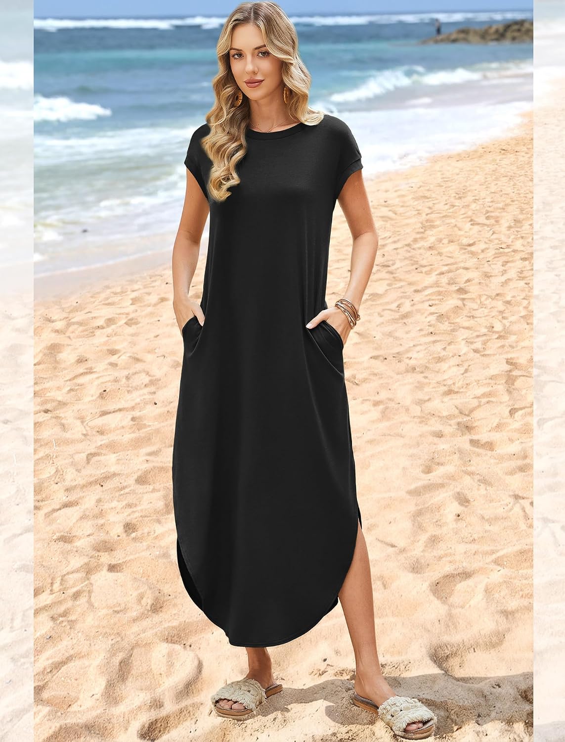 WIHOLL Summer Dresses Cap Sleeve Crewneck Maxi Long Casual Dress with Pockets Beach Vacation Sundresses 2026 Trendy