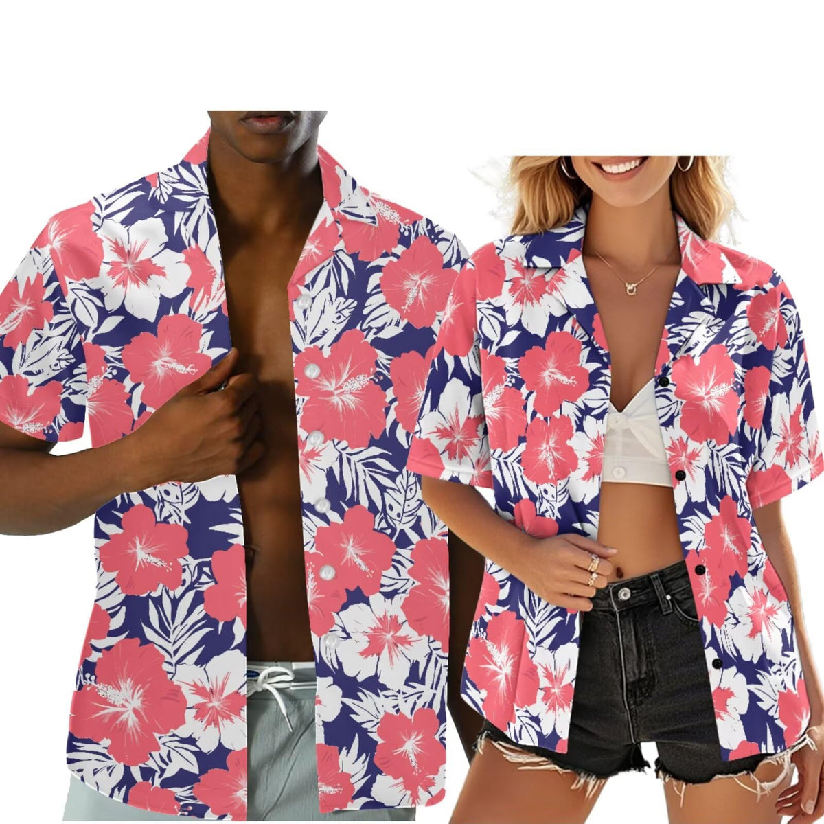 Hawaiian Couples Matching Shirt for Men Women Hawaii Outfit for Husband and Wife Beach Vacation Button Down Shirt
