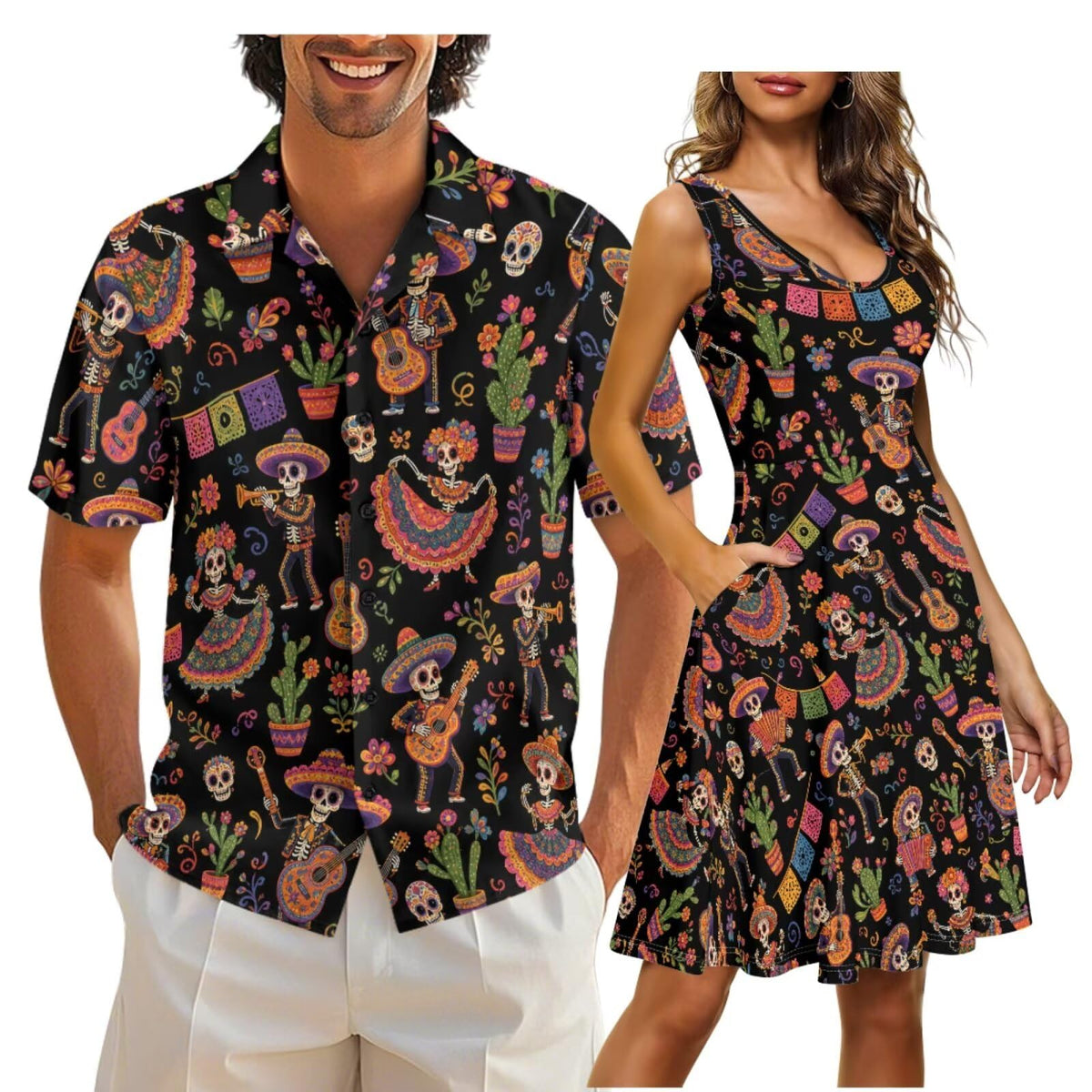 Cozeyat Matching Hawaiian Outfits for Couples Mens Button Up Polos Shirt and Women Sleeveless Sundress with Pockets