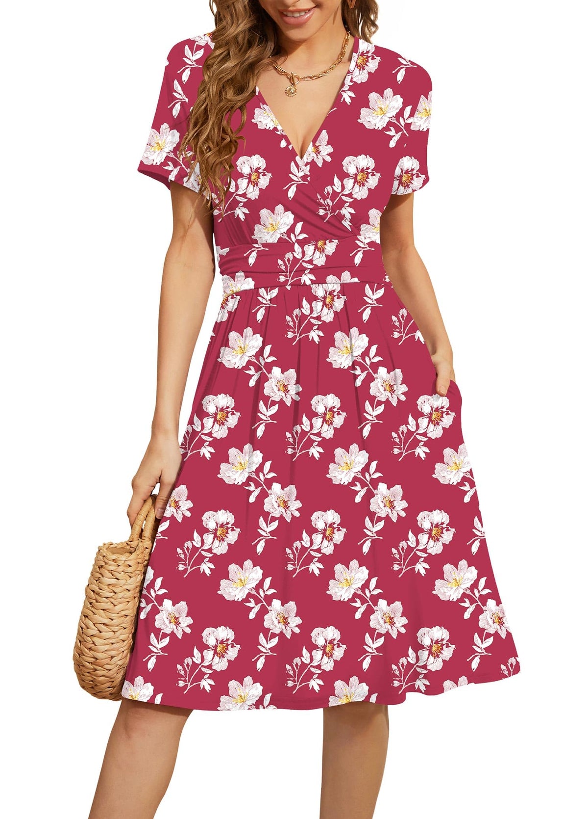 WEACZZY Women's Summer Short Sleeve Casual Dresses V-Neck Floral Party Dress with Pockets