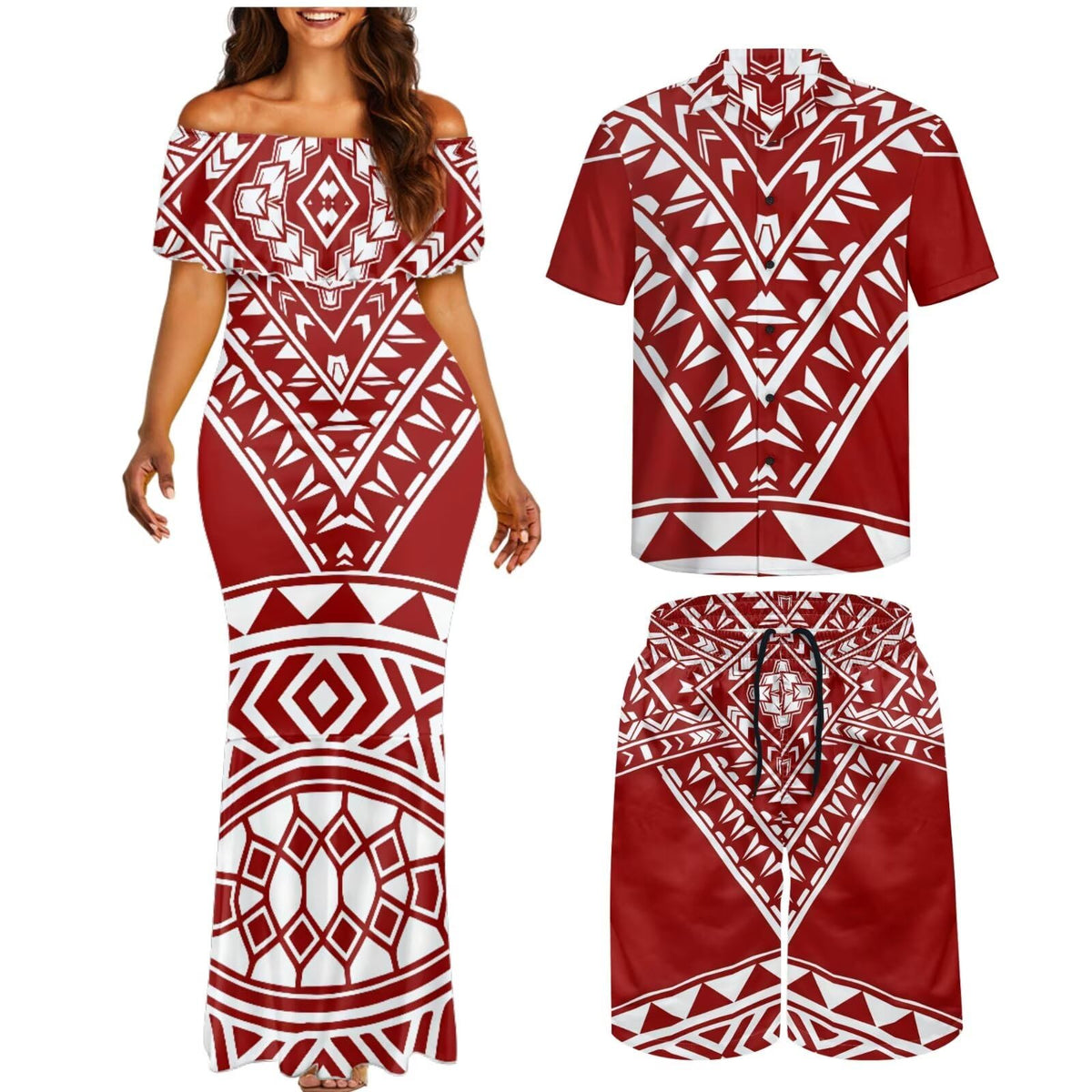 Matchable Couple Hawaiian Polynesian Puletasi Samoa Womens Dress with Mens Shirt and Mens Shorts Couple Set