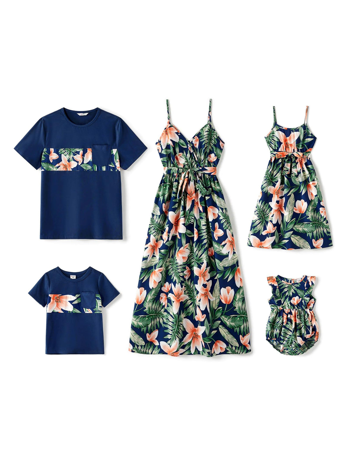 PATPAT Family Matching Outfits Mommy and Me Dresses Hawaiian Tropical Vacation Beach Spaghetti Strap Dress and Shirt