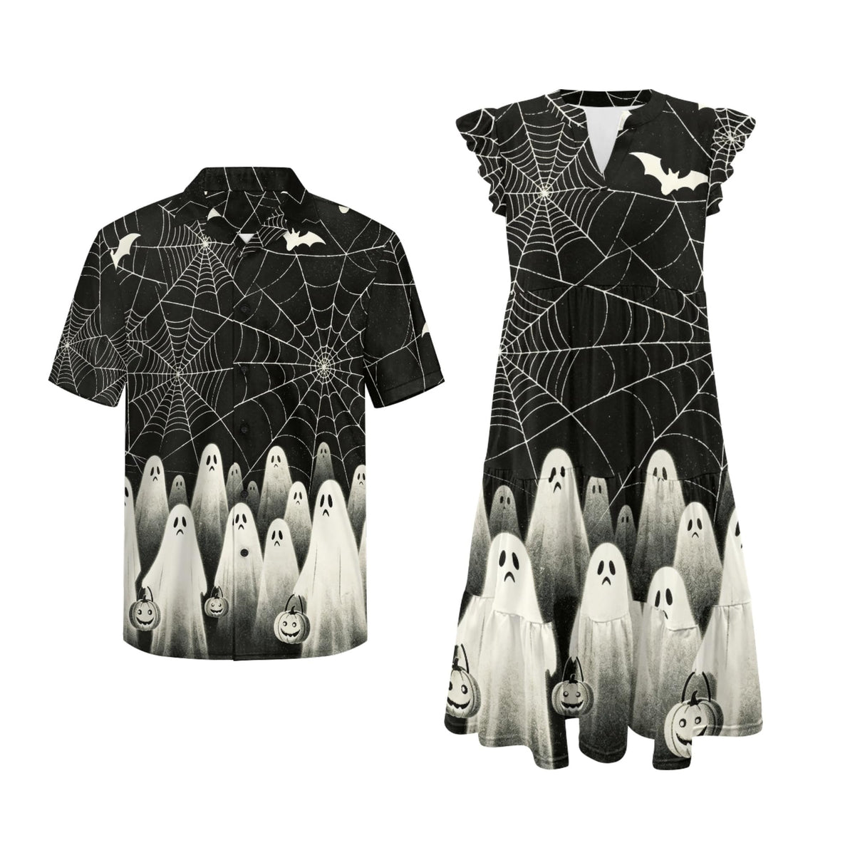 His and Hers Matching Hawaiian Outfits Mens Button Down Shirt Flowy Tiered Midi Dress