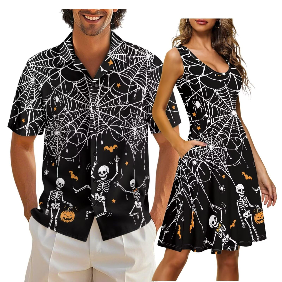 Gomyblomy Matching Hawaiian Outfits for Couples Vacation Tropical Floral Women Dress Mens Shirts His and Hers Clothing