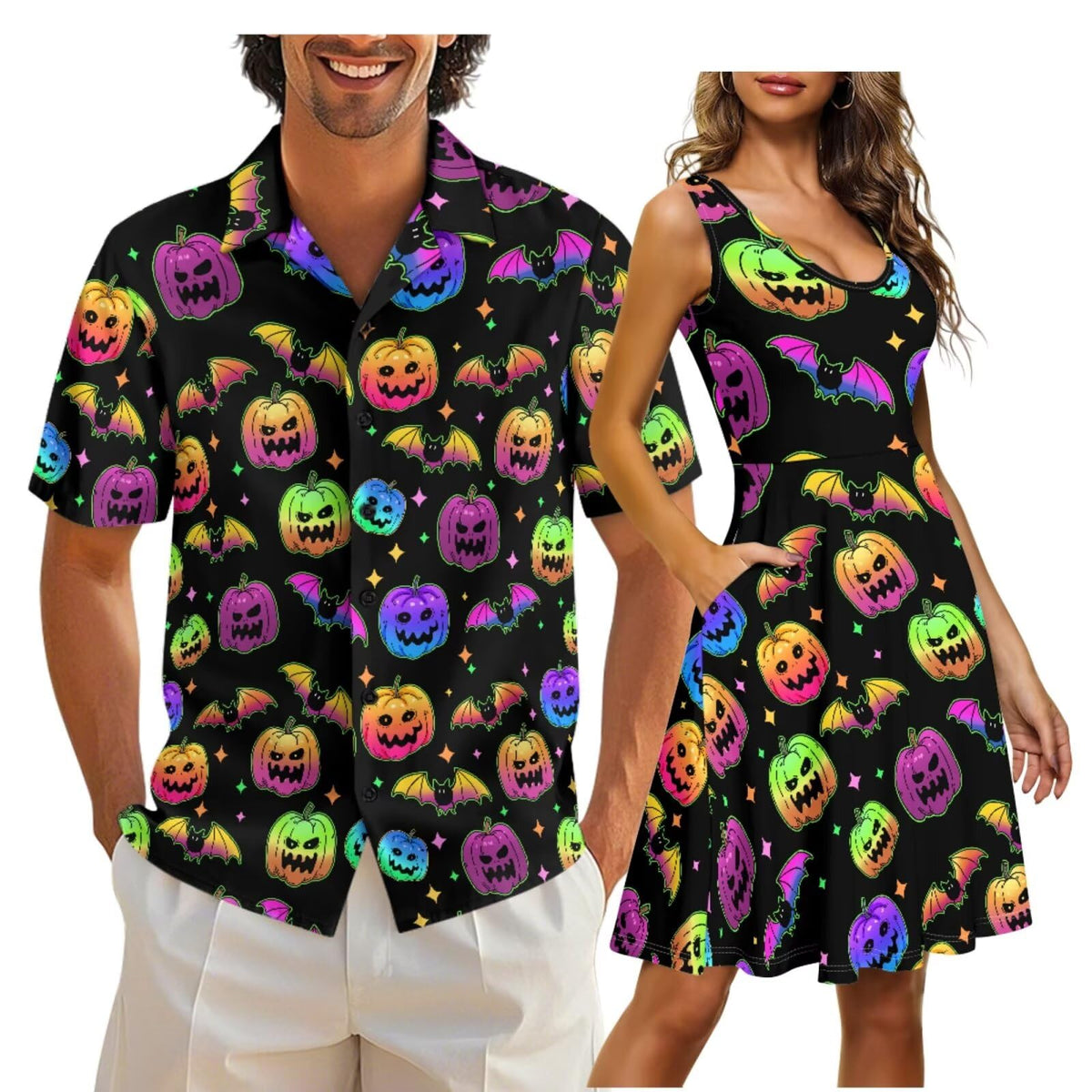 Gomyblomy Matching Hawaiian Outfits for Couples Vacation Tropical Floral Women Dress Mens Shirts His and Hers Clothing