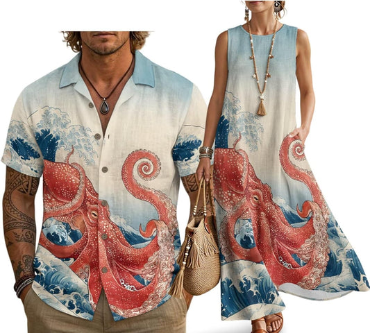 Husband and Wife Clothes Linen Casual Shirt for Men Maxi Dress for Women Summer Dress Matching Vacation Clothes