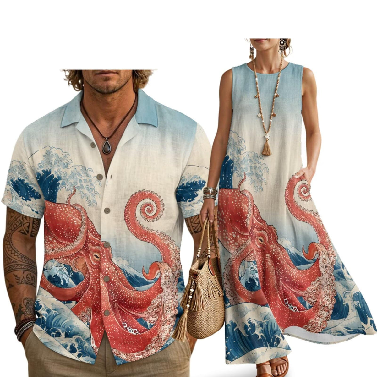 Husband and Wife Clothes Linen Casual Shirt for Men Maxi Dress for Women Summer Dress Matching Vacation Clothes