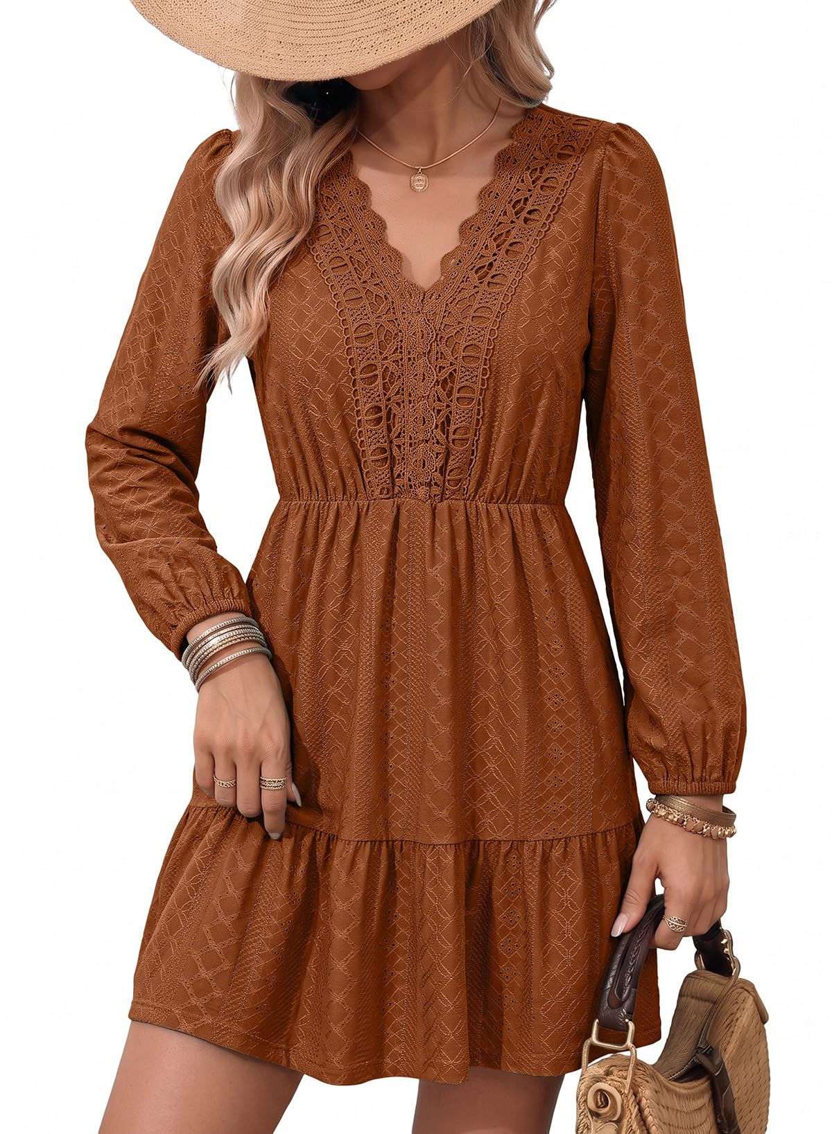 Dokotoo Womens Dresses Lace Hollow Out Embroidered V Neck Long Sleeve Dress