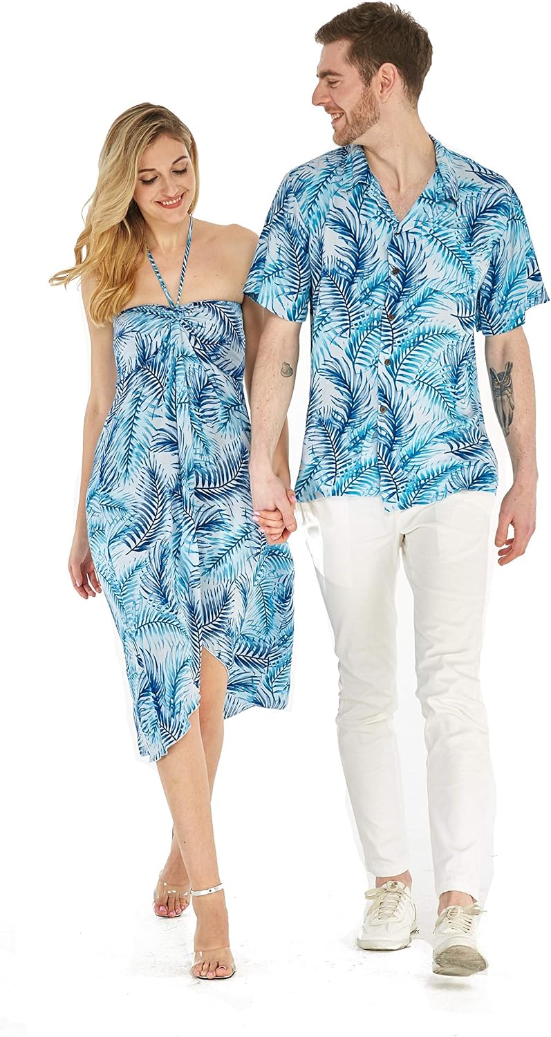 Couple Matching Hawaiian Luau Party Outfit Set Shirt Dress in Black Rafelsia
