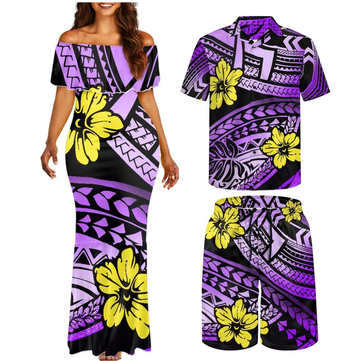Matchable Couple Hawaiian Polynesian Puletasi Samoa Womens Dress with Mens Shirt and Mens Shorts Couple Set