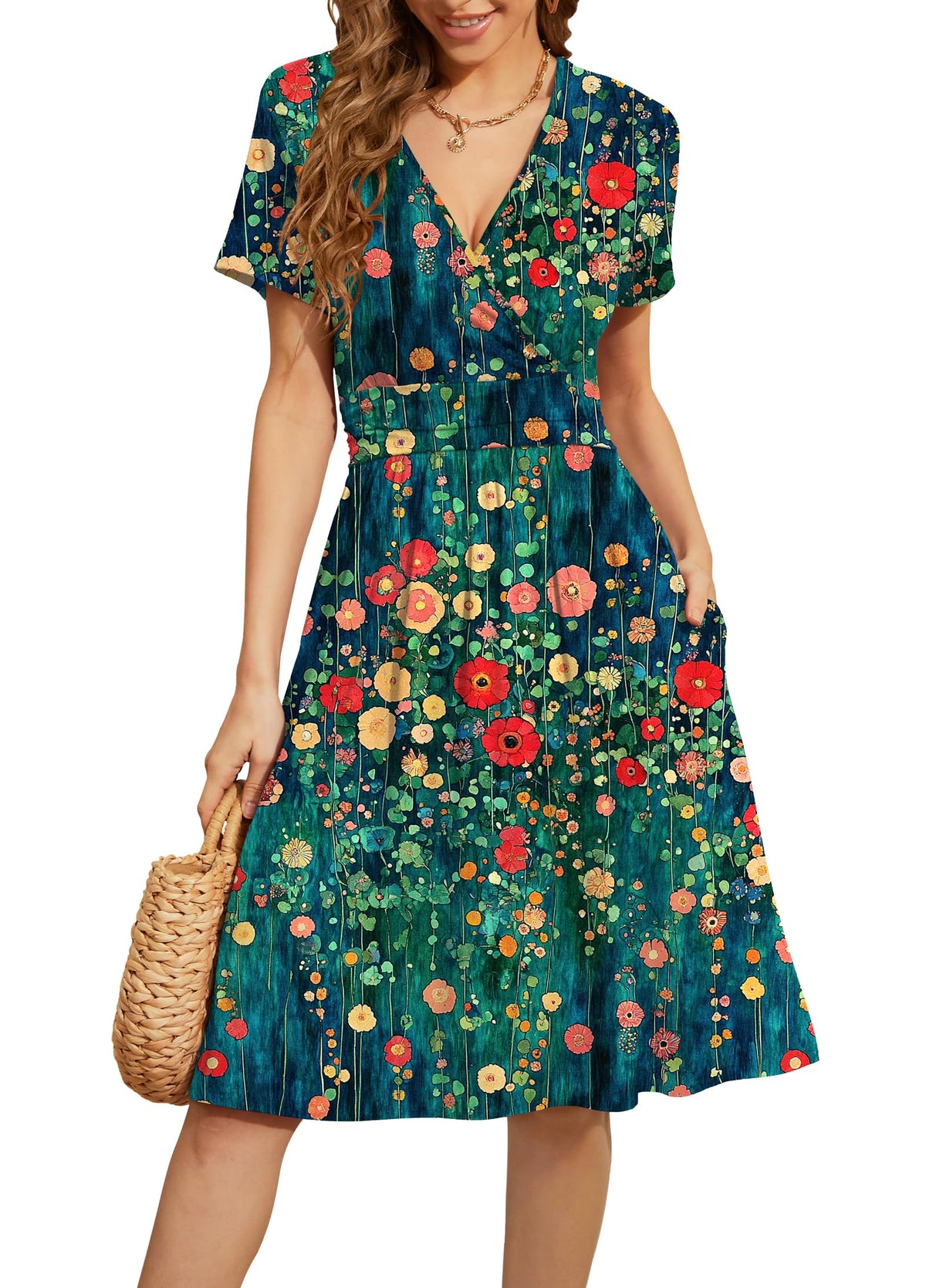 WEACZZY Women's Summer Short Sleeve Casual Dresses V-Neck Floral Party Dress with Pockets