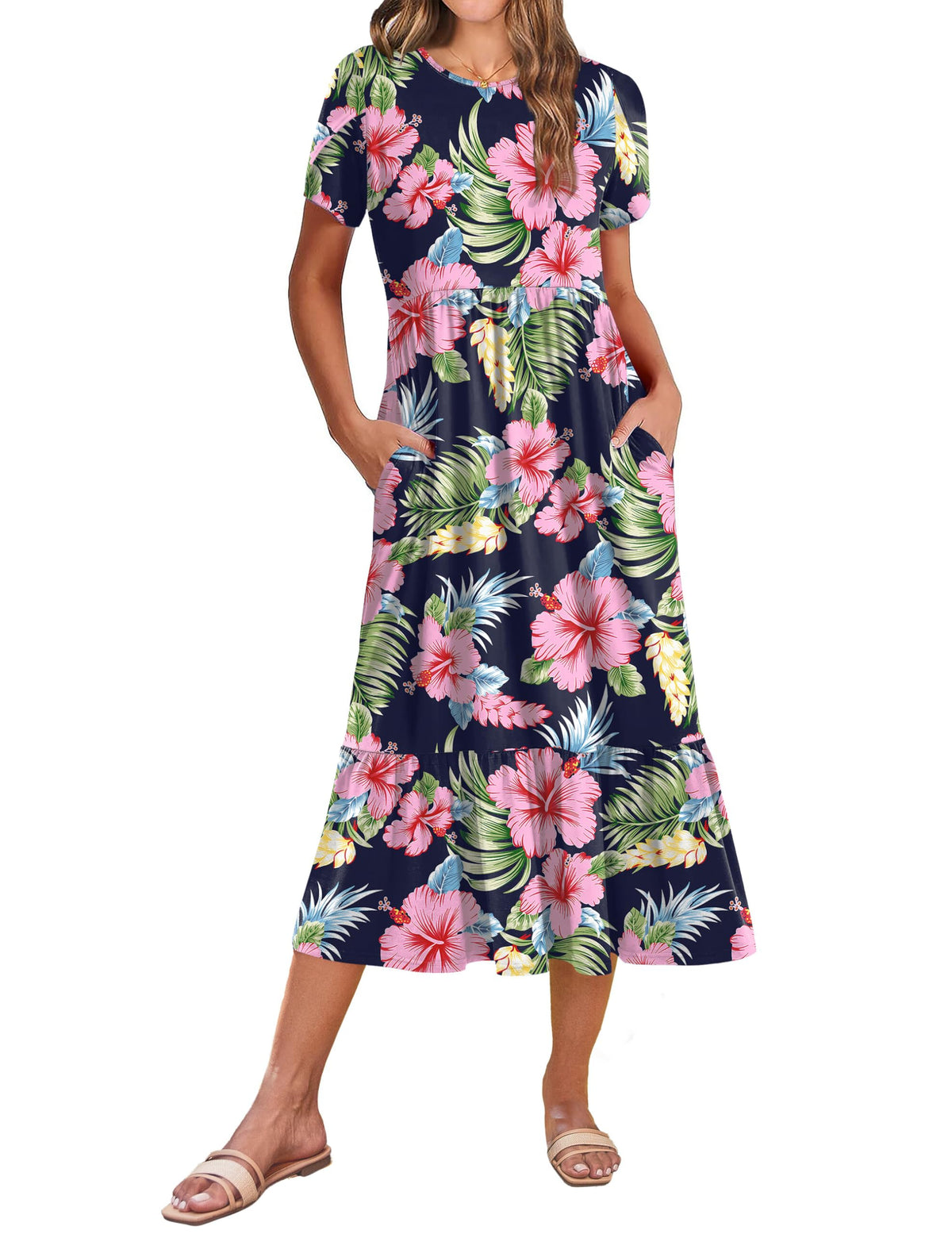 Zeagoo Women Summer Midi A Line Dress Short Sleeve Casual Flowy Tiered Beach Long Sundress with Pockets 2026 Vacation Travel