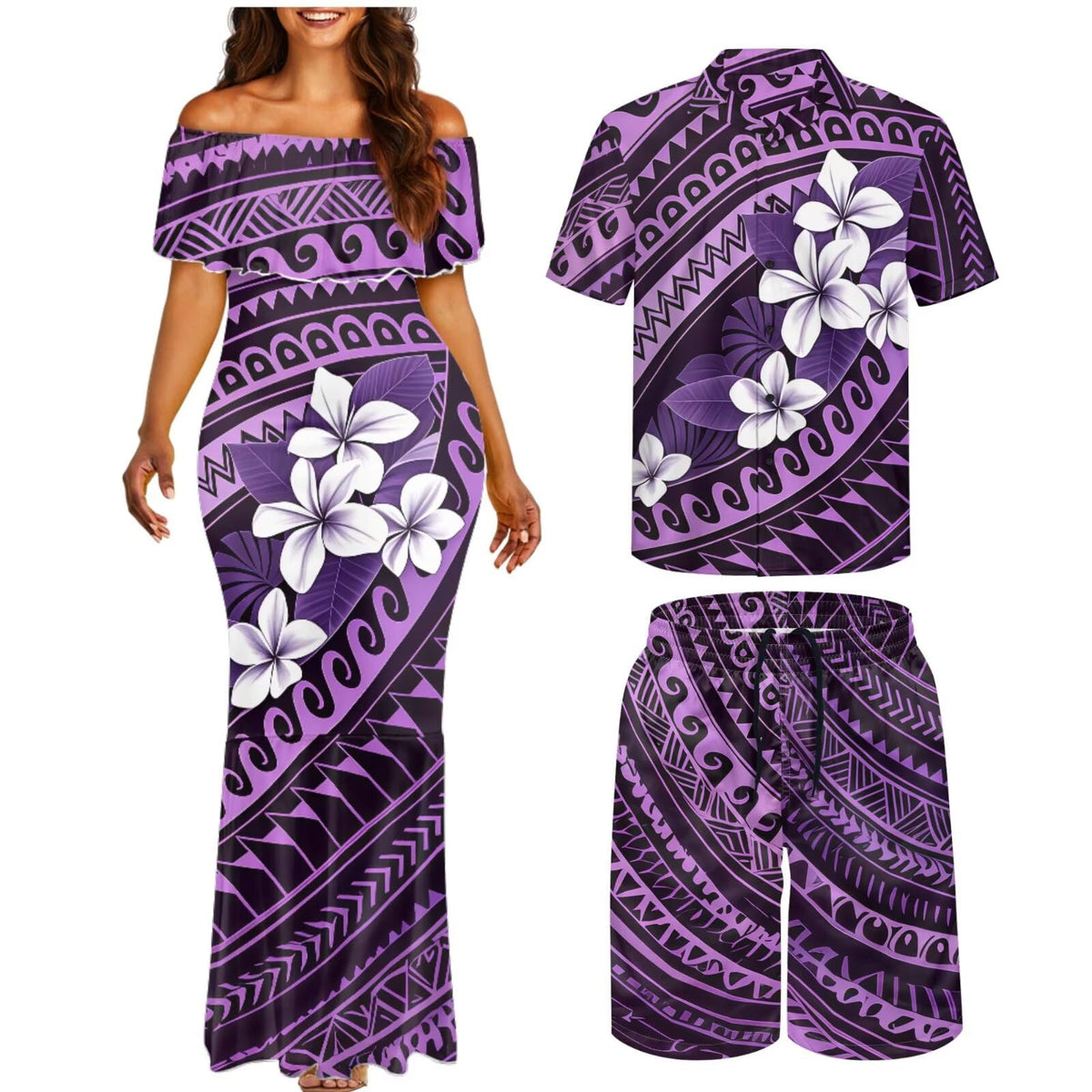 Matchable Couple Hawaiian Polynesian Puletasi Samoa Womens Dress with Mens Shirt and Mens Shorts Couple Set