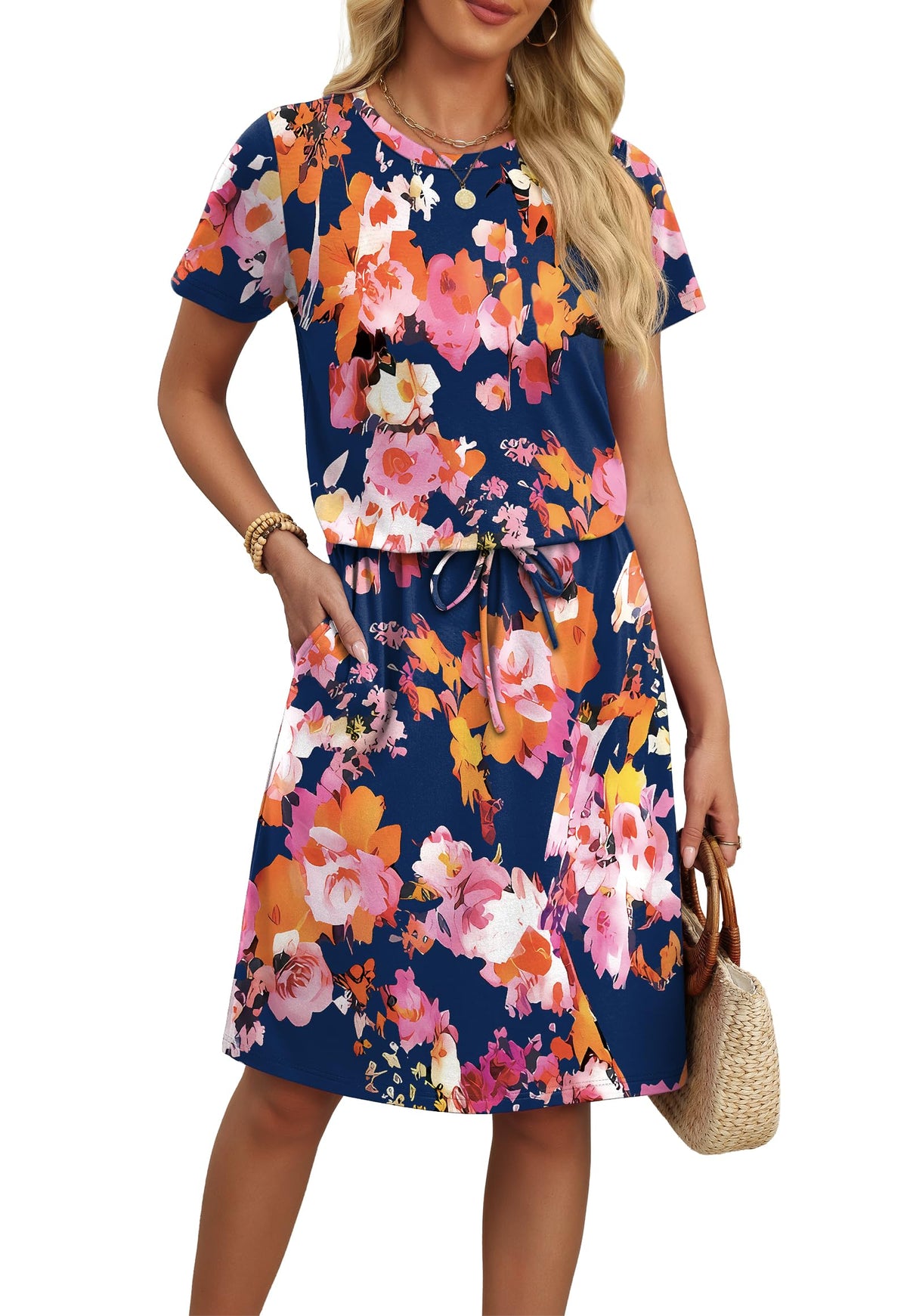 OFEEFAN Womens Summer Dresses Fashion Short Sleeve Crew Neck T Shirt Sundresses Casual Tie Waist with Pockets