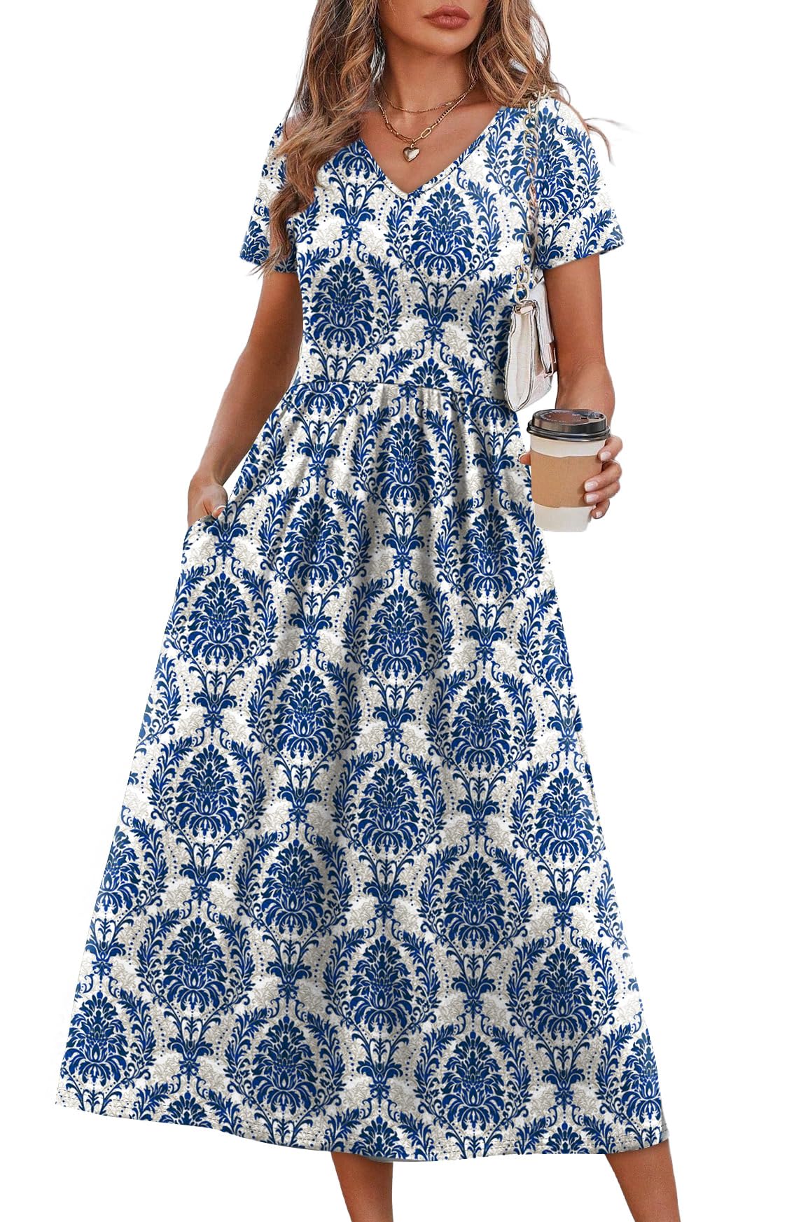 OFEEFAN Summer Dresses for Women Flowy Casual A-Line Midi Dress Beach Vacation Sundresses with Pockets S-2XL