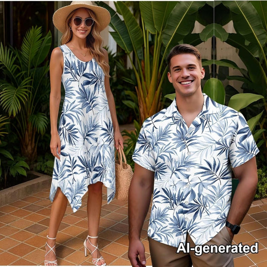 Matching Hawaiian Outfits for Couples Womens Asymmetrical Midi Dress Mens Beach Shirts Short Sleeve Button Up Shirt