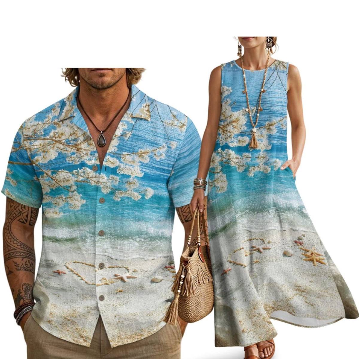 Husband and Wife Clothes Linen Casual Shirt for Men Maxi Dress for Women Summer Dress Matching Vacation Clothes