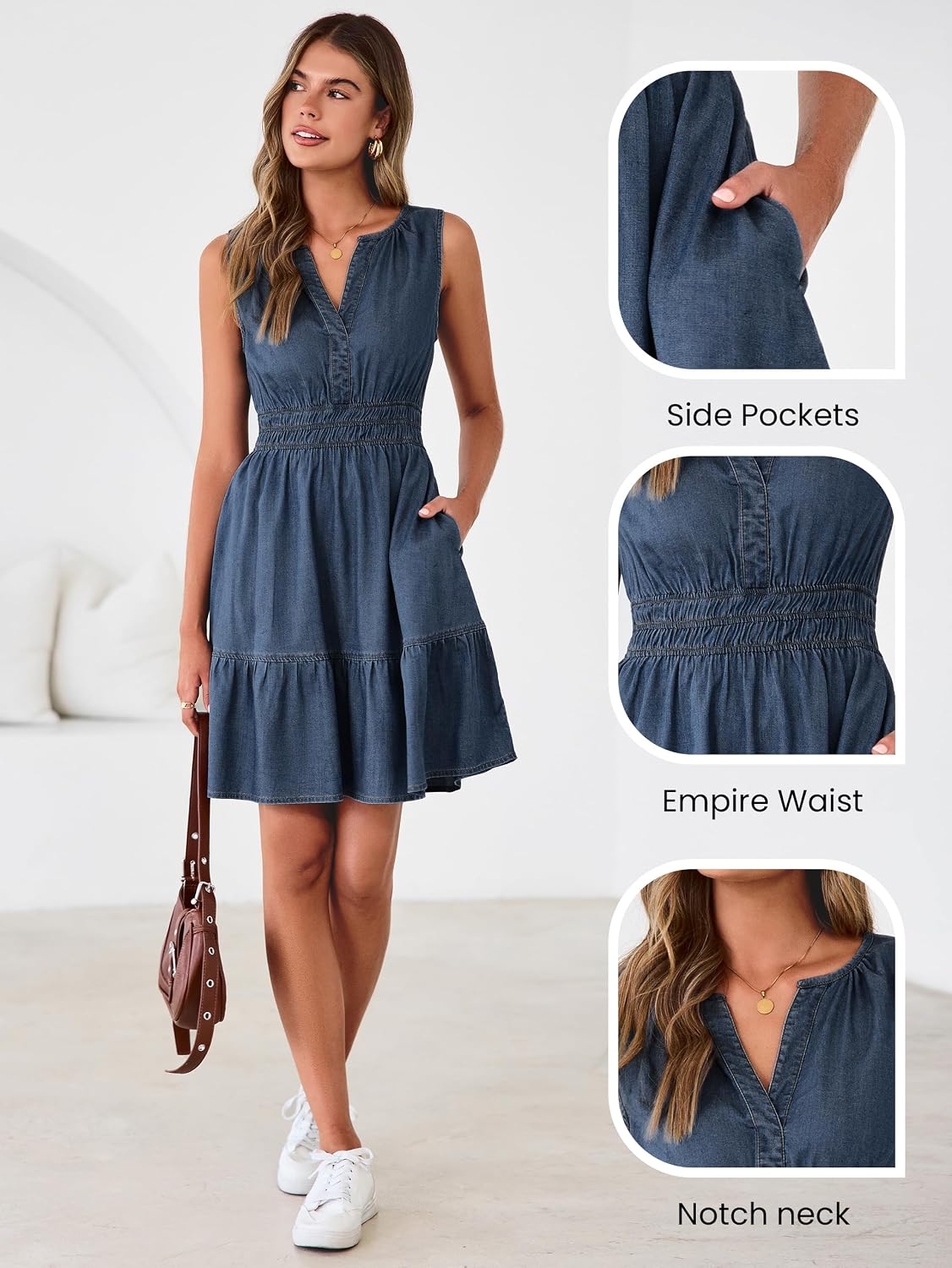 BerryGo Womens Denim Dress Sleeveless Summer Casual Jean Dress Tiered Cowgirl Country Mini Soft Light Chambray with Pockets