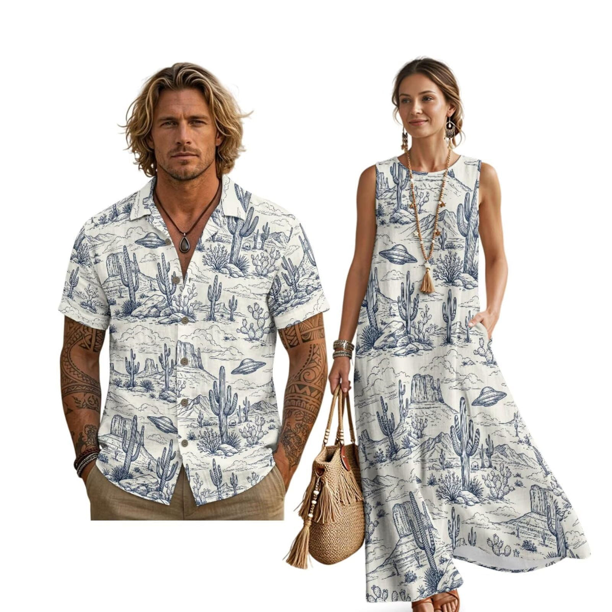 Women's Summer Dresses Sleeveless Sundresses, Men's Button Down Short Sleeve Shirts, Linen Couple Matching Outfits