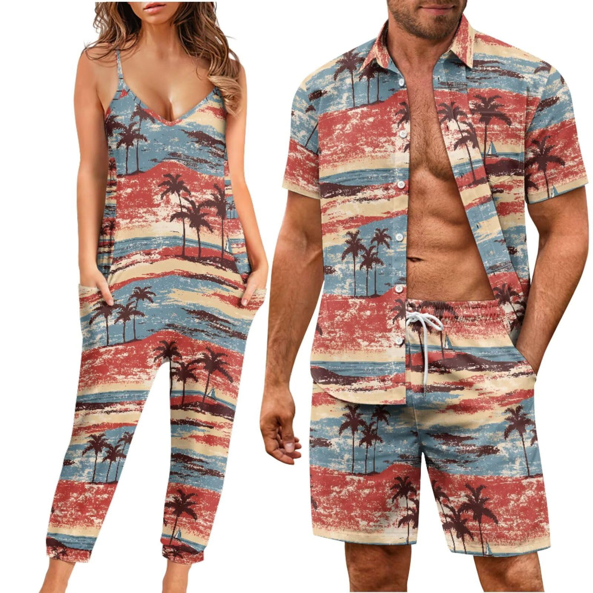 Matchable Couple Hawaiian Luau Men Shirt or Women V-Neck Jumpsuit