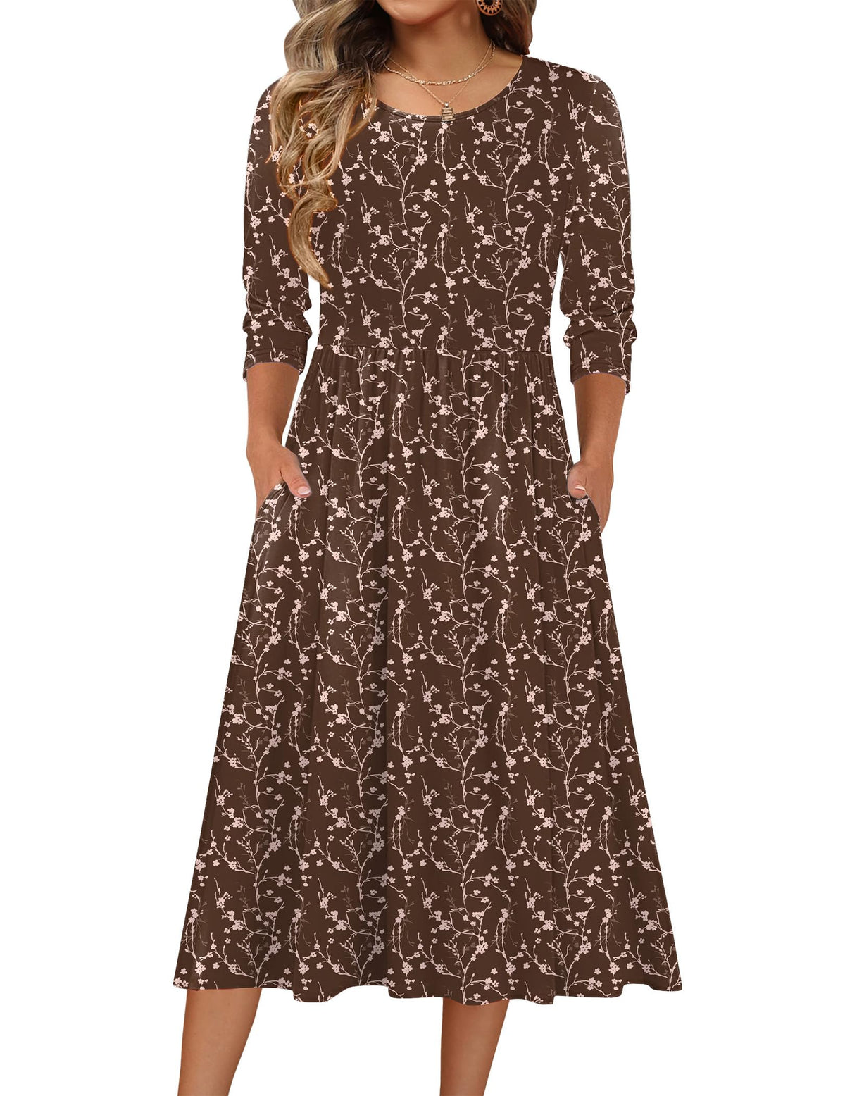 Zeagoo 3/4 Sleeve Women's Dress Casual Aline Summer Fall Midi Long Dresses