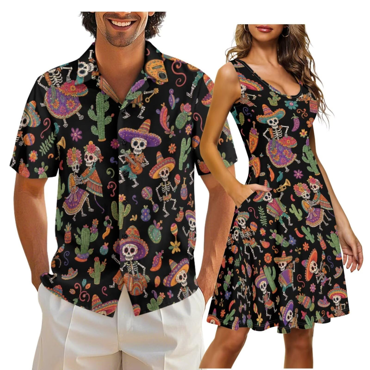 Cozeyat Independence Day Matching Outfits for Couples Mens Short Sleeve Button Down Shirts Womens Sleeveless Dress