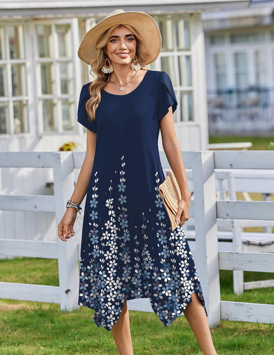 Zeagoo Womens Casual Dress for Summer Loose Hankerchief Flare Midi Sundress