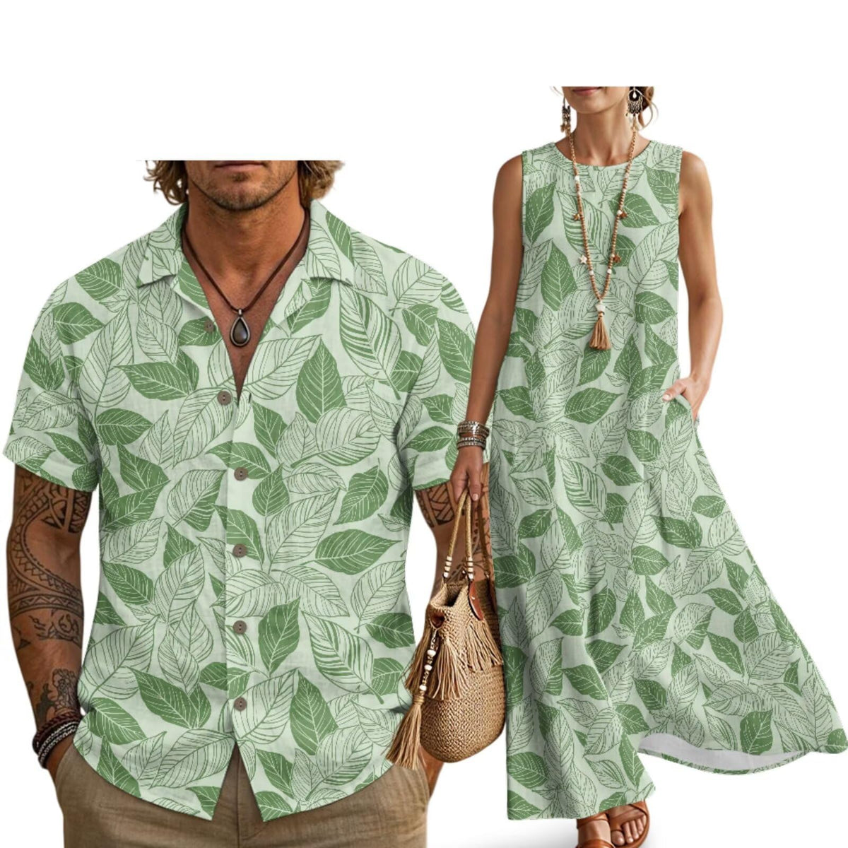 Husband and Wife Clothes Linen Casual Shirt for Men Maxi Dress for Women Summer Dress Matching Vacation Clothes