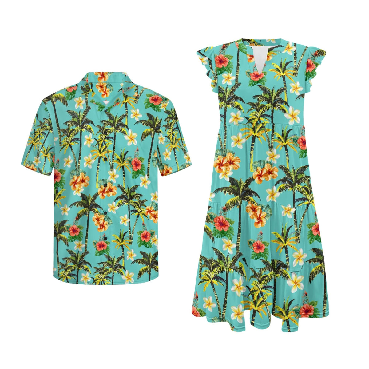 His and Hers Matching Hawaiian Outfits Mens Button Down Shirt Flowy Tiered Midi Dress