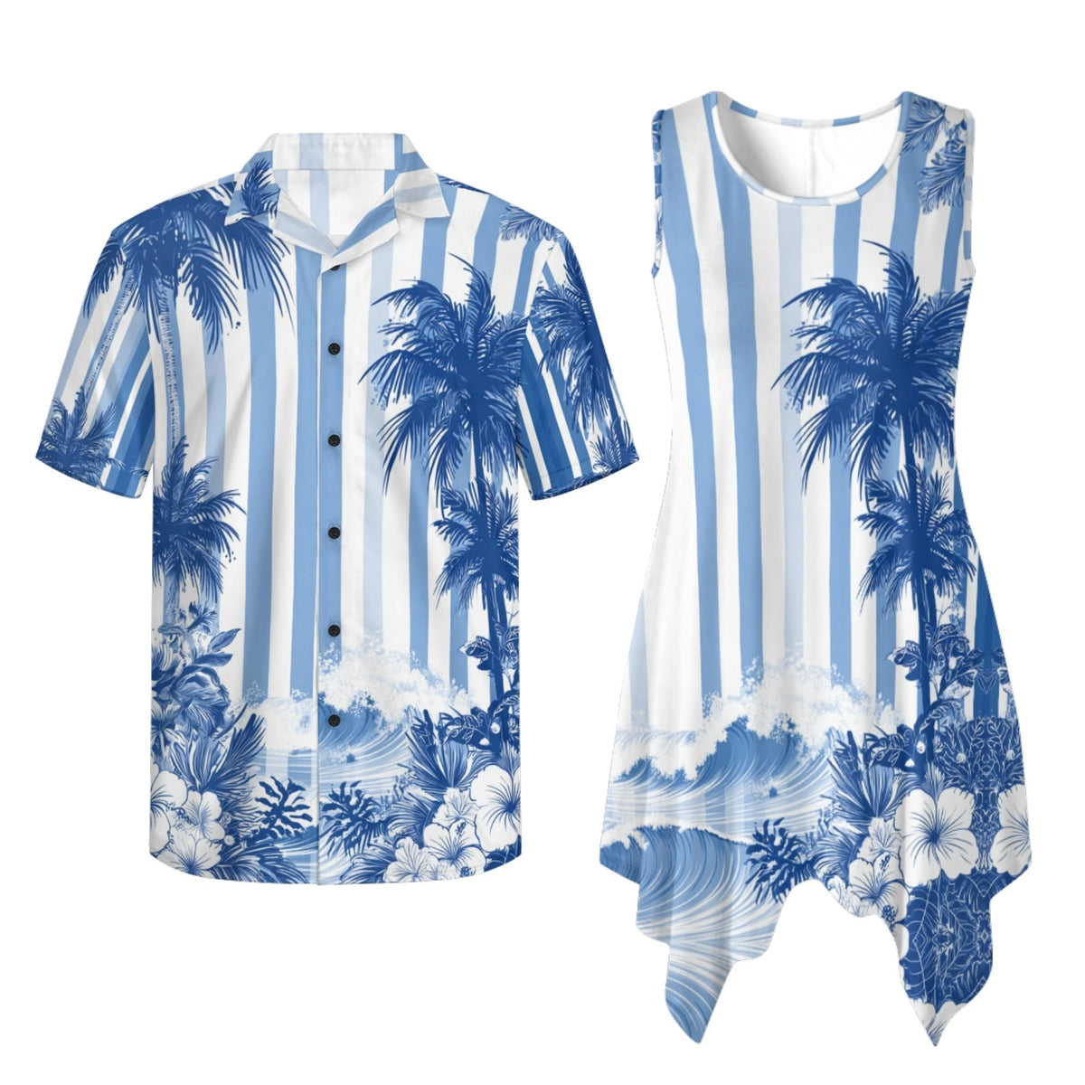 TOADDITDO Couple Shirts and Dress Matching Outfit Womens Sleeveless Flared Mini Sundress or Mens Buttons Hawaiian Aloha Shirt