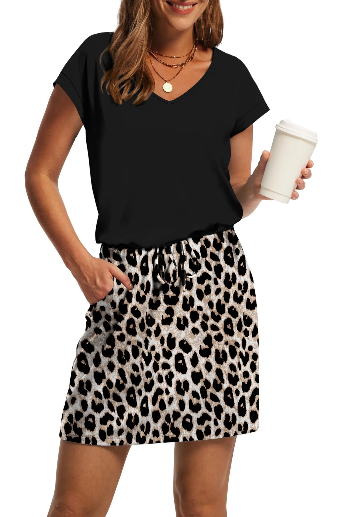 OFEEFAN Summer Dresses for Women 2026 V Neck T Shirt Casual Mini Dresses Tie Waist Sundresses with Pockets